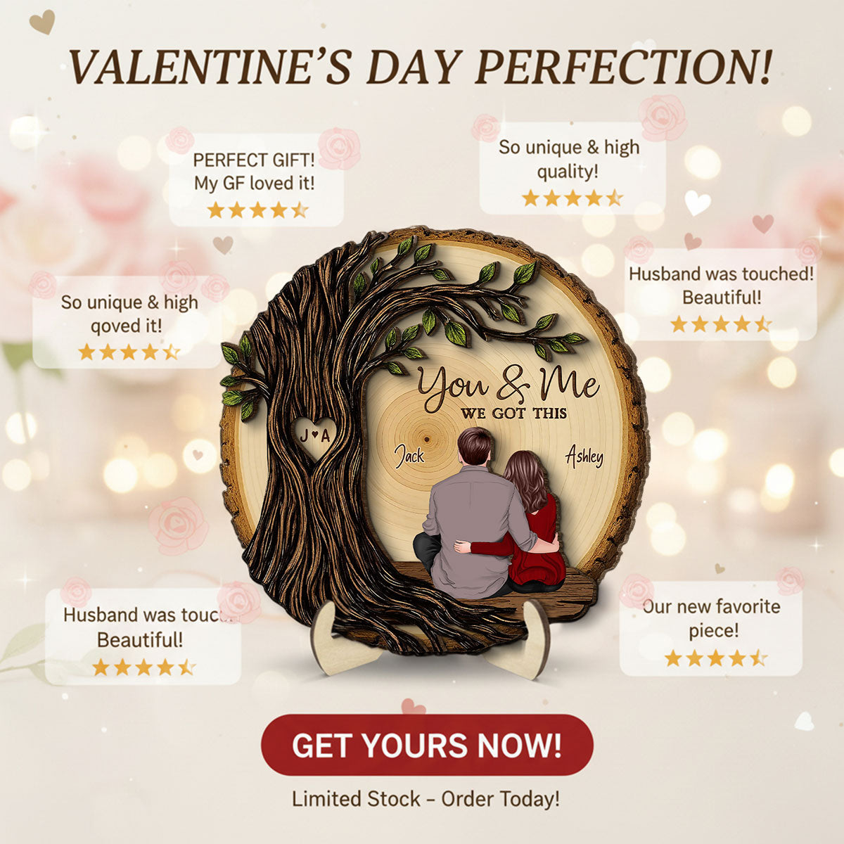 Couple Sitting Back View Under Heart Carved Tree - Personalized 2-Layered Wooden Plaque - Valentine's Day Gift For Couple