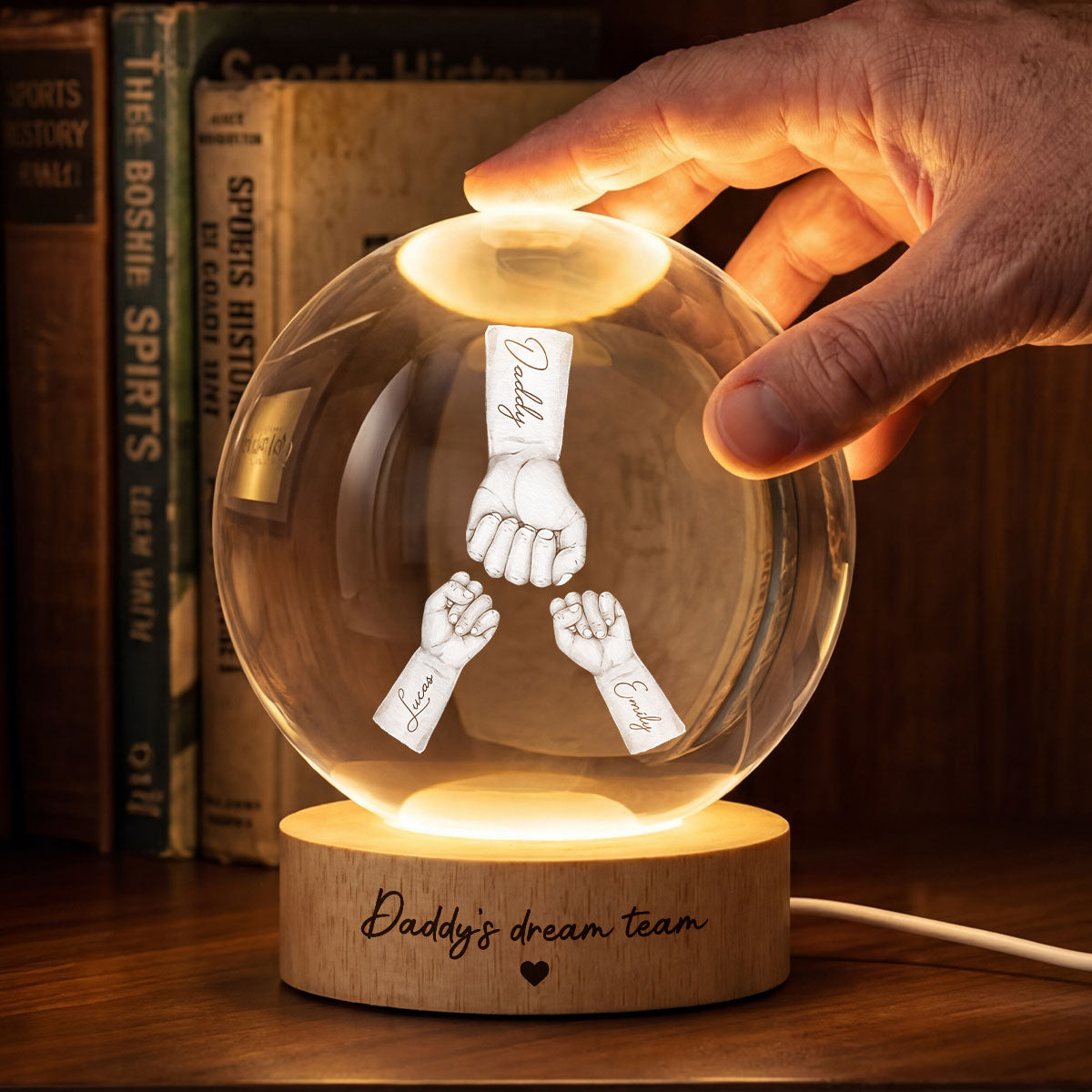 Daddy's Dream Team - Personalized Crystal Ball LED Night Light -  Gift for Dad, Husband