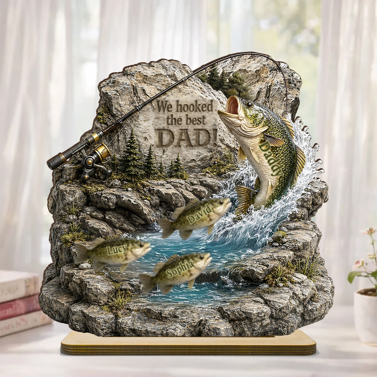 Fishing Dad And Kids Together - Personalized 2-Layered Wooden Plaque - Heartfelt Gift For Fishing Dad, Gift For Husband