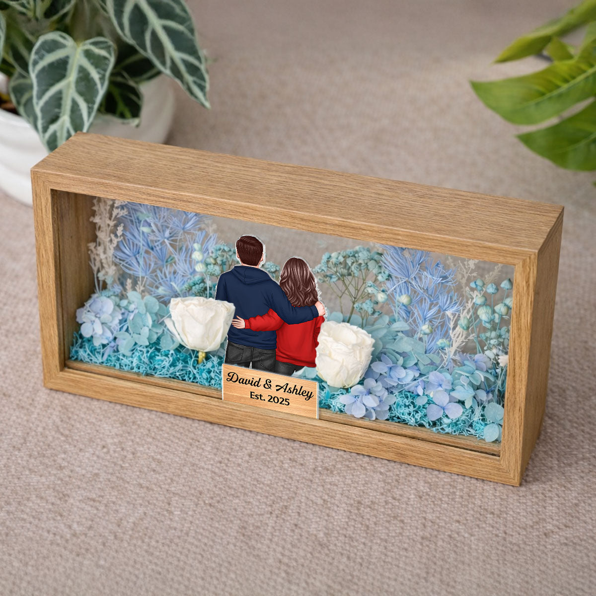 Eternal Love Back View Couple - Personalized DIY Flower Shadow Box LED Night Light - Gift For Couple, For Him, For Her