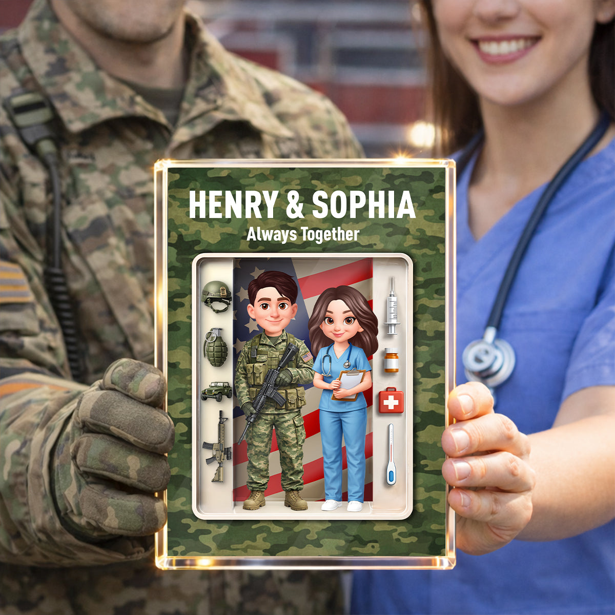 Army & Nurse Couple 3D Action Figure - Personalized Acrylic Block Plaque - Heartfelt Gift for Him, for Her