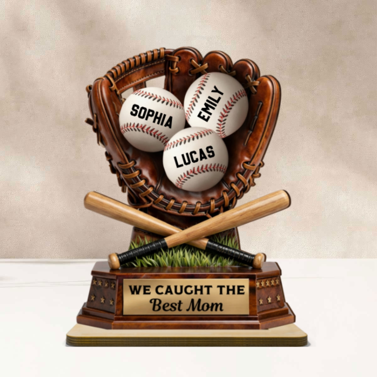 Caught The Best Mom Baseball - Personalized 2-Layered Wooden Plaque - Gift For Baseball Mom