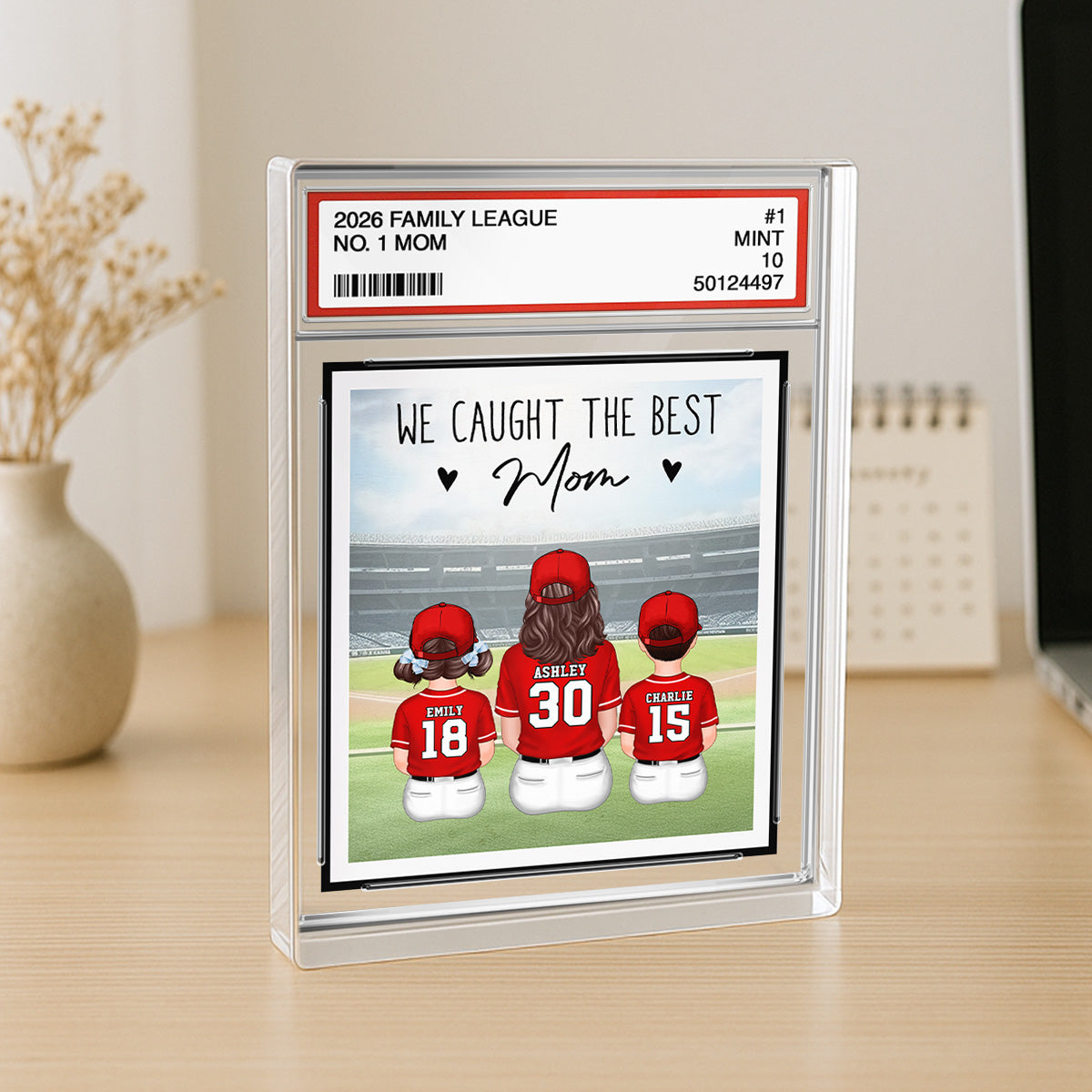 Baseball No. 1 Mom Woman & Kids Sitting Trading Card Style - Personalized Acrylic Block Plaque