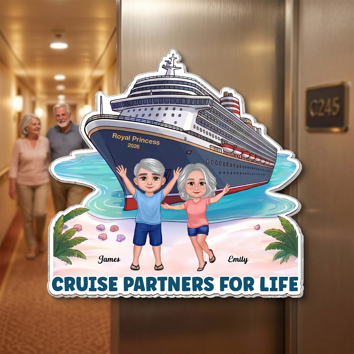 Cruise Trip Happy Couple On The Beach - Personalized Cruise Cabin Door Magnet - Cruise Trip Keepsake