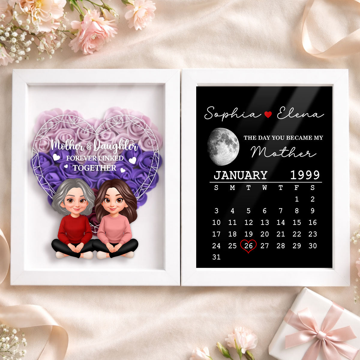 Mother Daughter Forever Linked Together - Personalized Flower Shadow Box - Gift For Mom