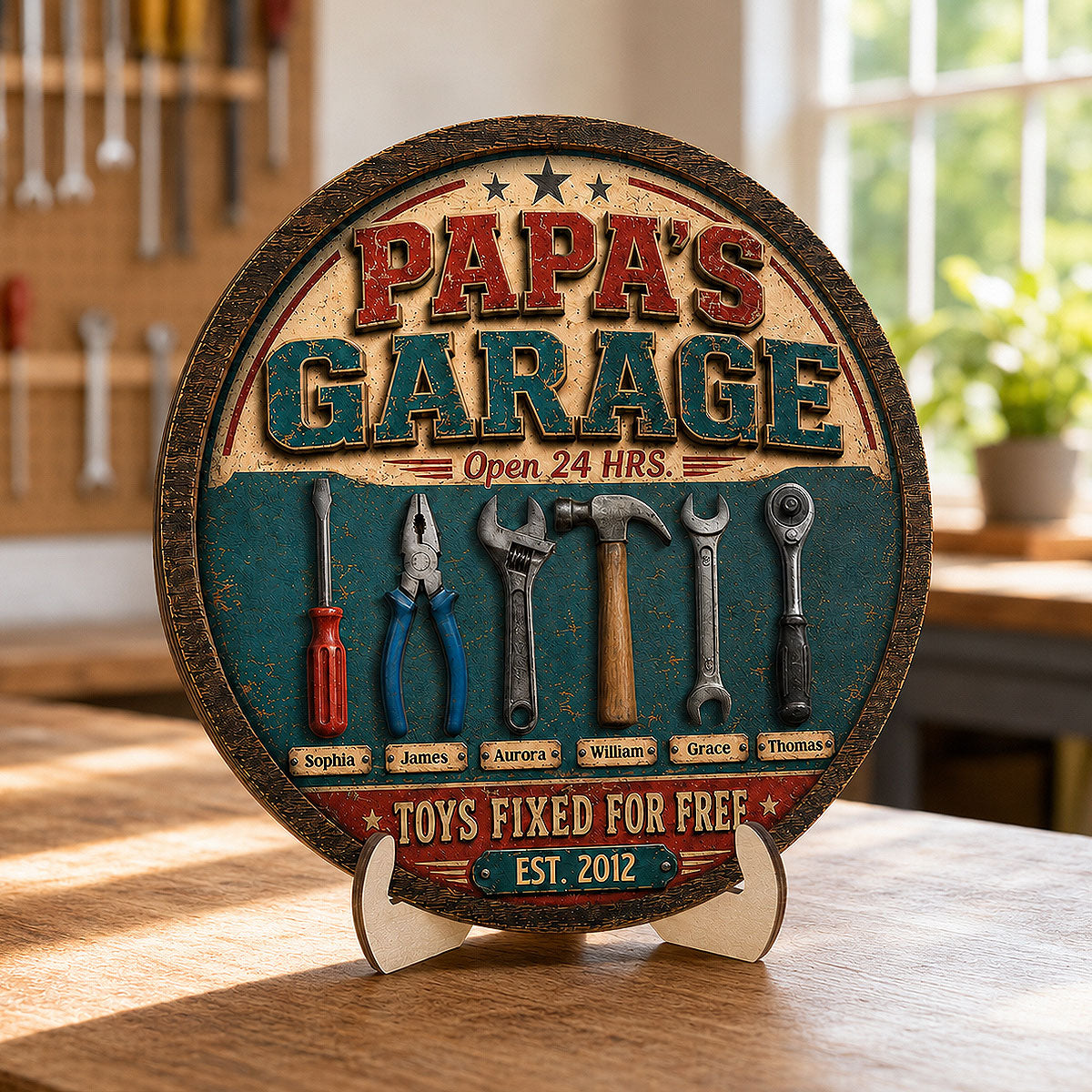 Papa Dad's Garage Toys Fixed For Free Custom Kid Name 2D Flat - Personalized 2-Layered Wooden Plaque -  Gift For Mechanic Dad, Grandpa