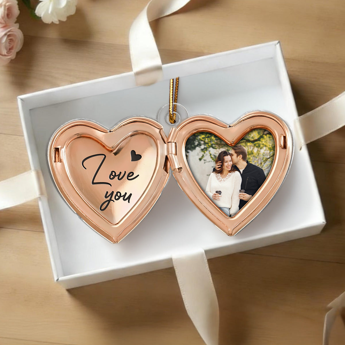 Couple Custom Photo Heart Locket Illustration 2D Flat - Personalized Acrylic Car Hanger Ornament - Gift For Her, Gift For Him