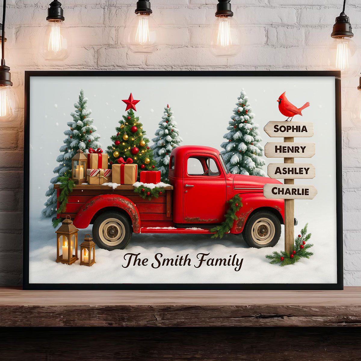 Red Christmas Truck Custom Family Name Sign Post - Personalized Poster - Christmas Gift for Family