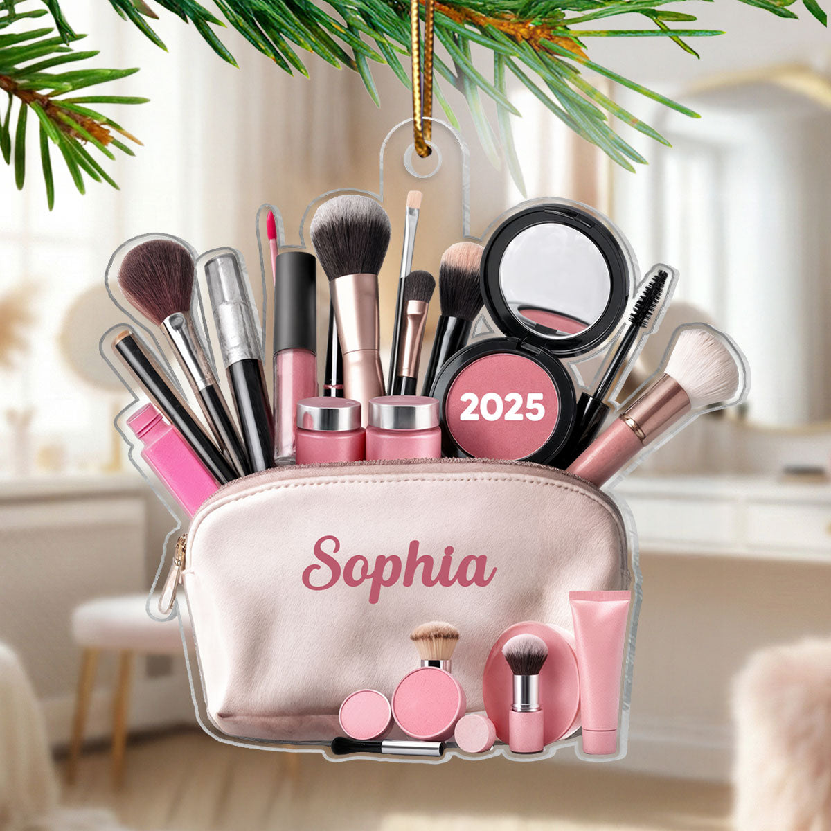 3D Effect Makeup Bag Beauty Brush - Personalized Acrylic Ornament - Christmas Gifts For Makeup Lovers, Christmas Tree Decor