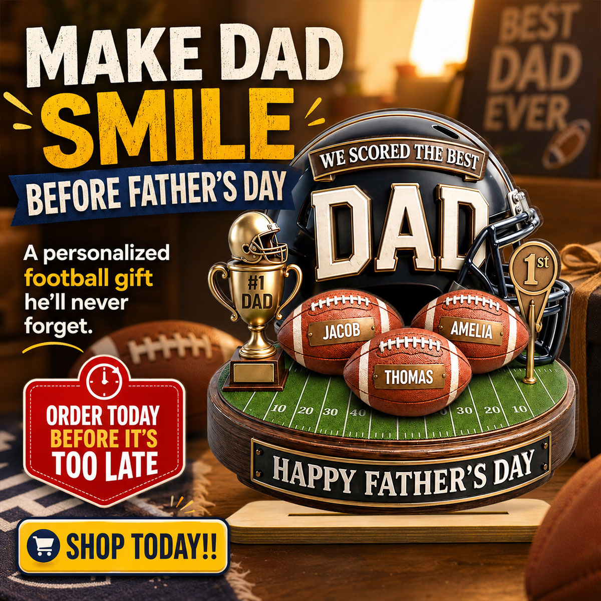 We Scored The Best Dad American Football Trophy - Personalized 2-Layered Wooden Plaque - Heartfelt Gift For Football Dad, Gift For Husband