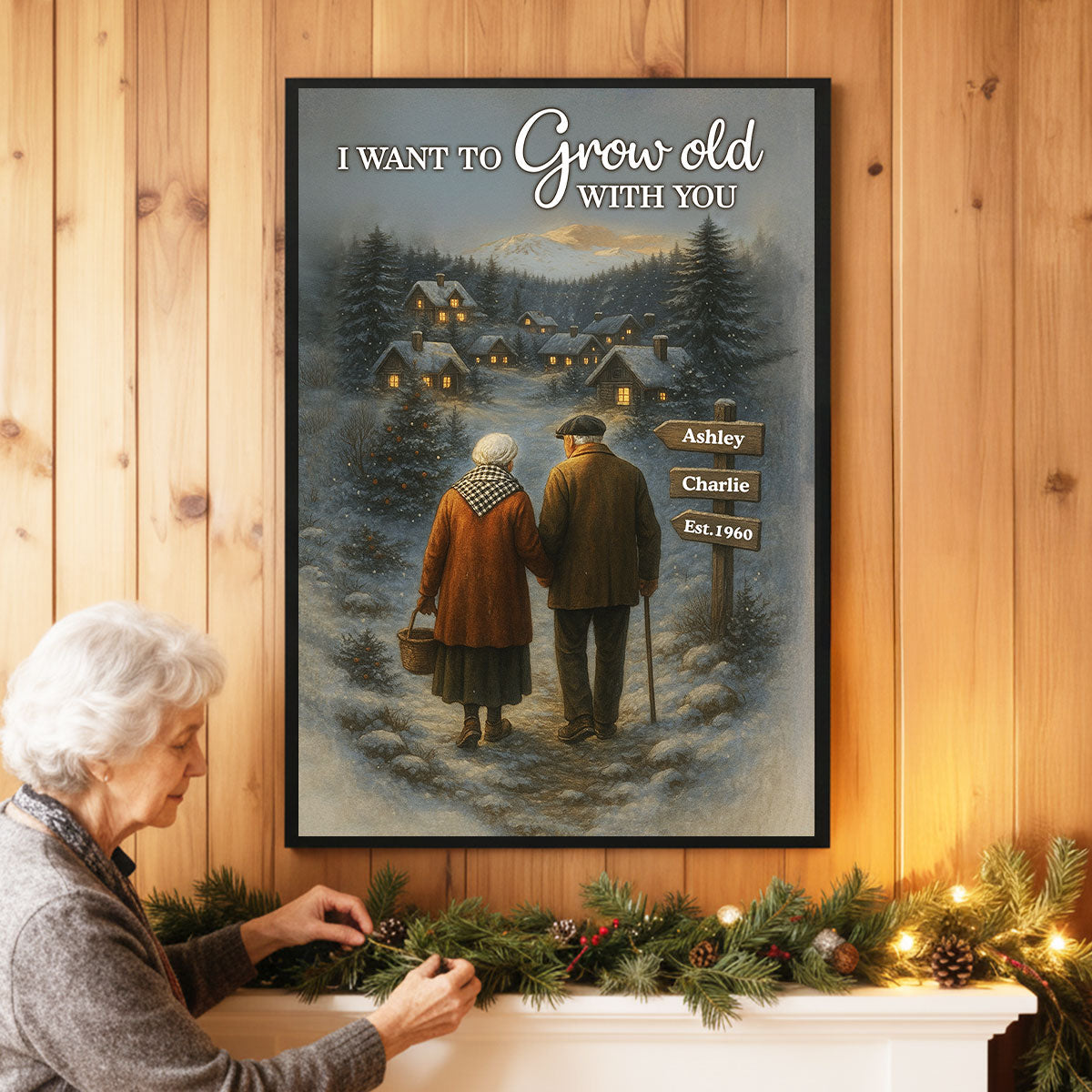 Old Couple Walking in Winter Scene - Personalized Poster - Heartwarming Christmas Gift for him, Gift for her