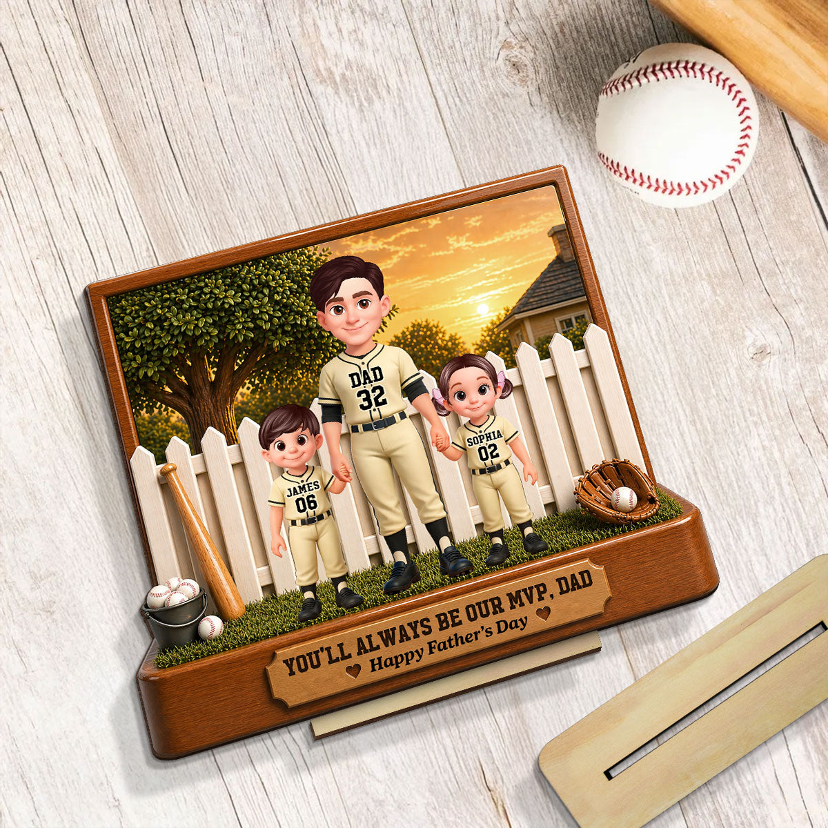 Baseball Dad And Kids Backyard We Caught The Best Dad - Personalized 2-Layered Wooden Plaque -  Gift For Dad