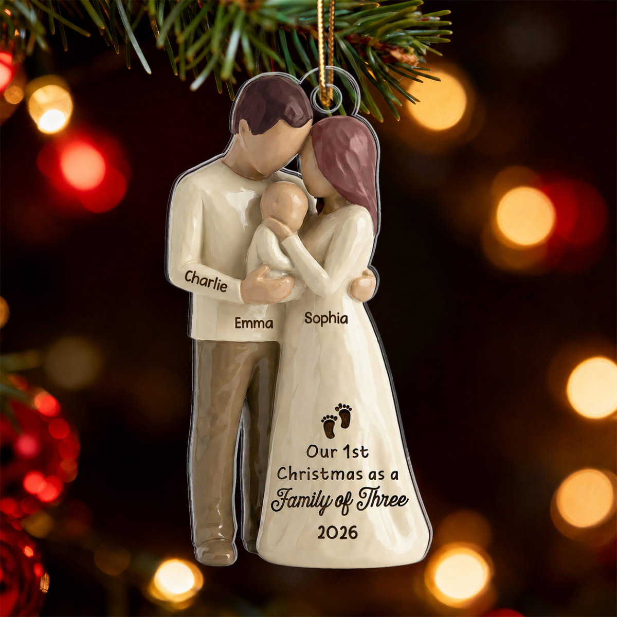 3D Effect First Christmas As Family Of Three Mom Dad & Baby - Personalized Acrylic Ornament