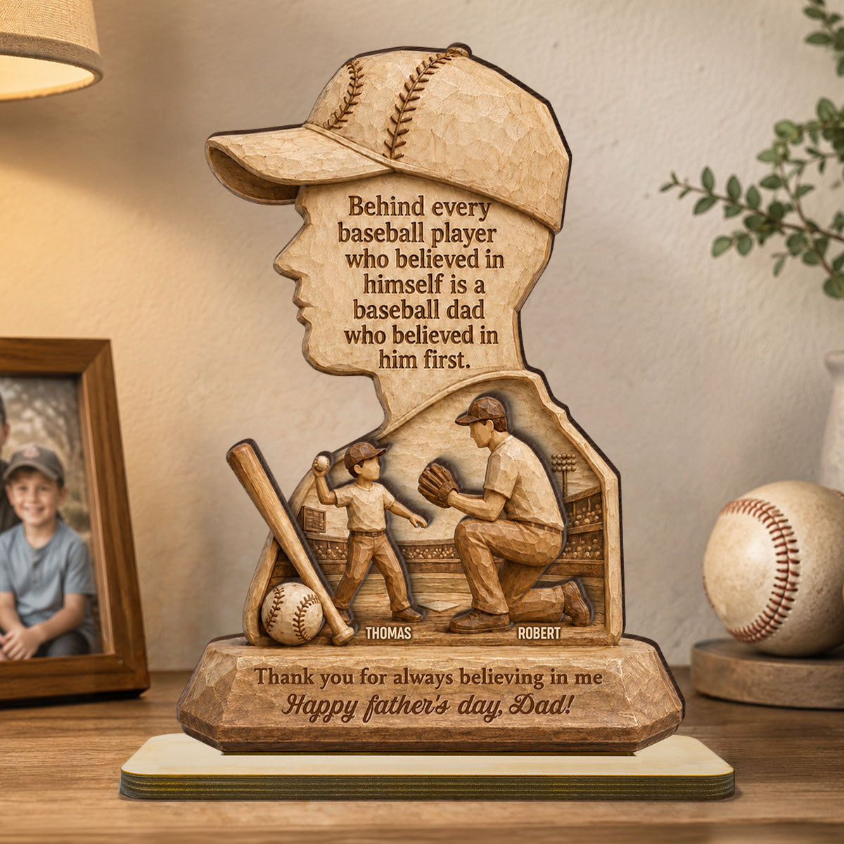 Behind Every Baseball Player is a Baseball Dad - Personalized 2-Layered Wooden Plaque -  Gift for Dad, Husband