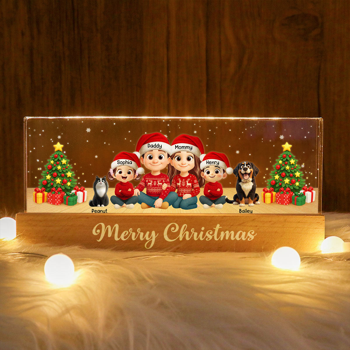 Merry Christmas Family Sitting - Personalized Acrylic Block LED Night Light - Custom Family with Pets, Holidays Gift for Husband, Wife
