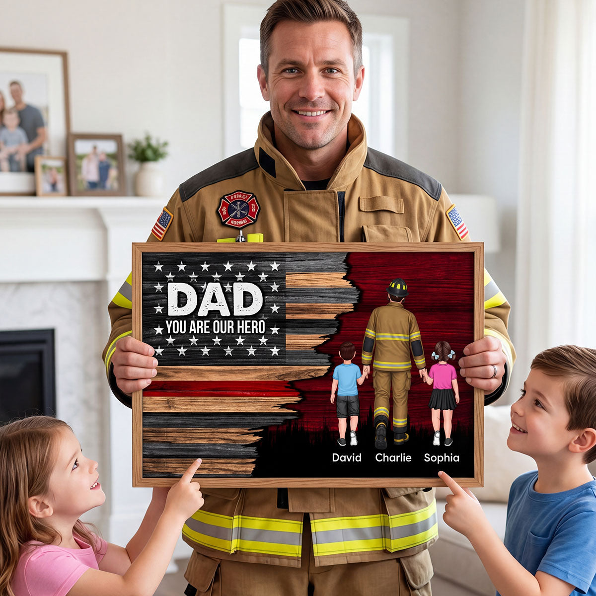 Firefighter Half Thin Red Line Flag Dad Grandpa - Personalized Poster - Father's Day Gift For Dad, Grandpa
