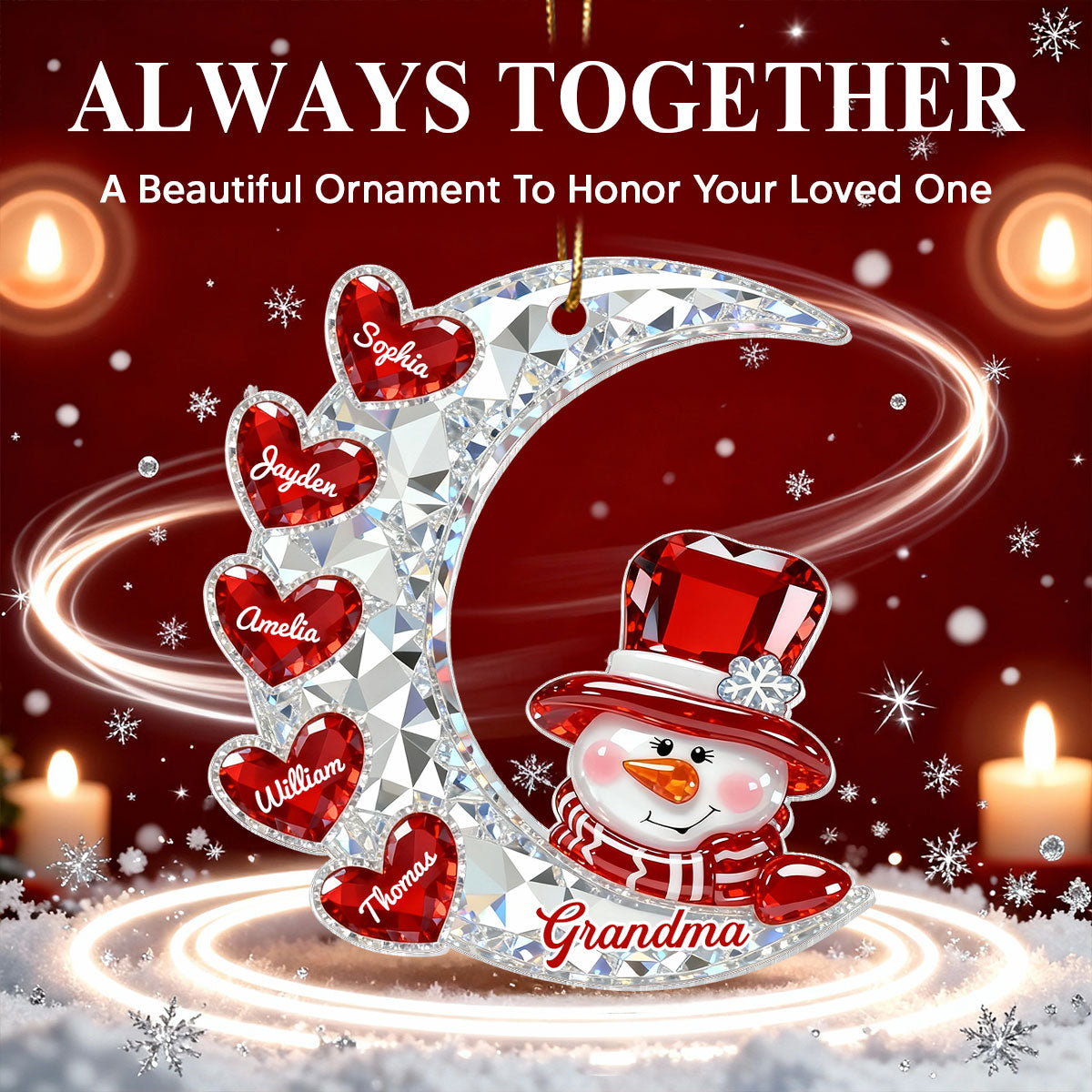 3D Effect Flat Snowman Grandma On Moon Grandkids Hearts Names - Personalized Acrylic Ornament - Gift For Grandma, Grandkids