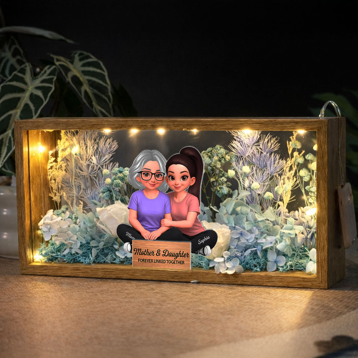 Mom & Daughter Forever Linked Together - Personalized DIY Flower Shadow Box LED Night Light - Gift For Mom, Daughter