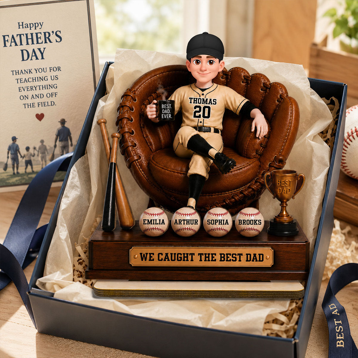 Baseball Dad Sitting On Glove With Kids Names 2D Flat - Personalized Wooden Plaque