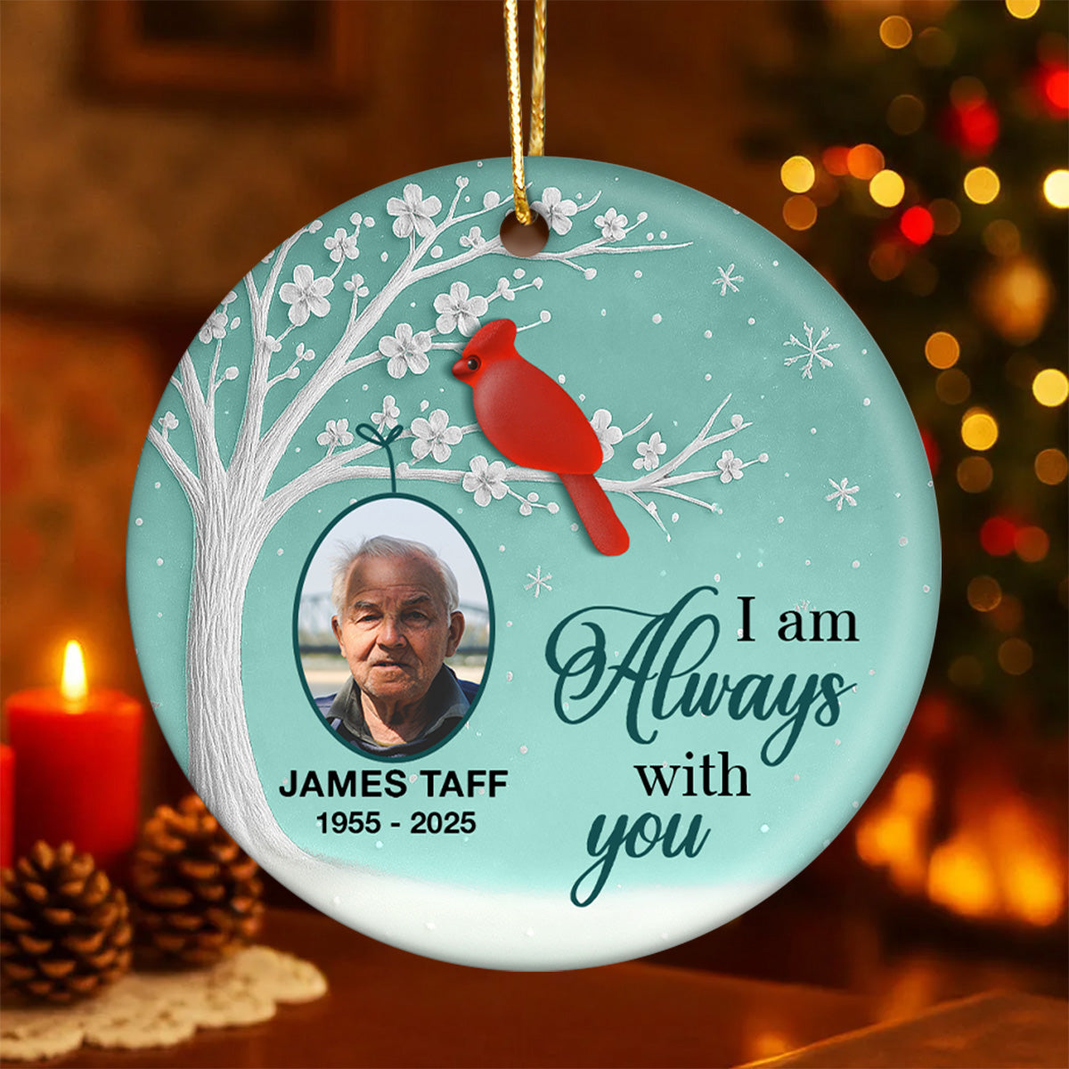 3D Sea Glass Effect Blossom Tree Cardinal Christmas Memorial Upload Photo - Personalized Ceramic Ornament