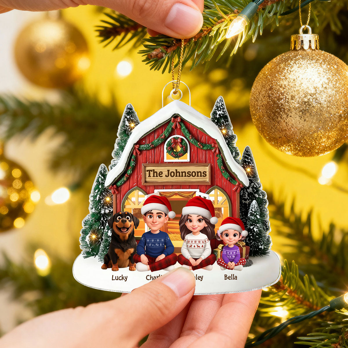 3D Effect Christmas Barn House Family Sitting Together - Personalized Acrylic Ornament