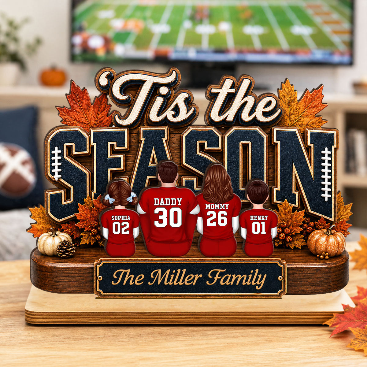 Tis the Football Season - Personalized 2-Layered Wooden Plaque - Family Fall Decor