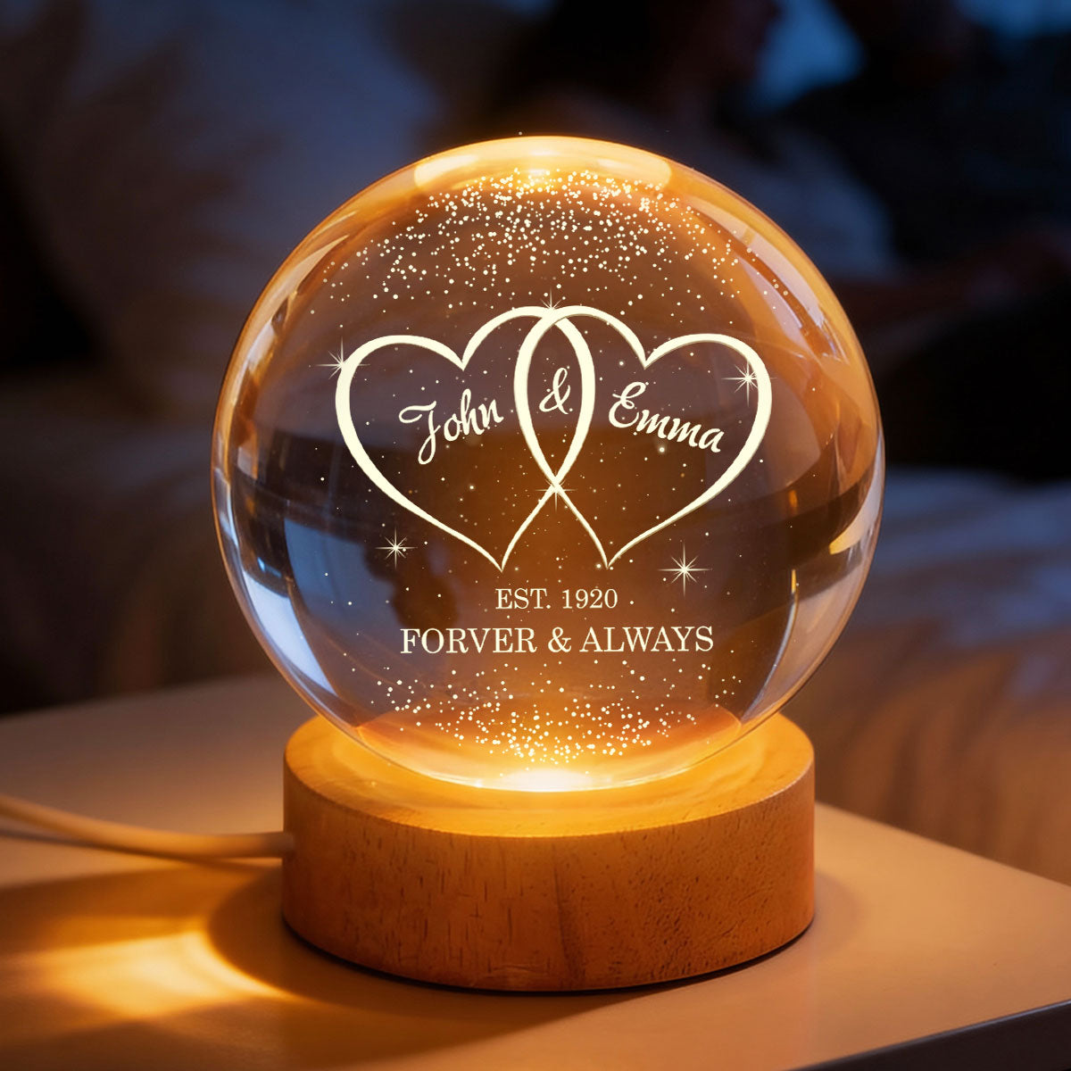 Couple Hearts Interlocked - Personalized Crystal Ball LED Night Light - Heartfelt Valentine's Day Gift for Her, for Him