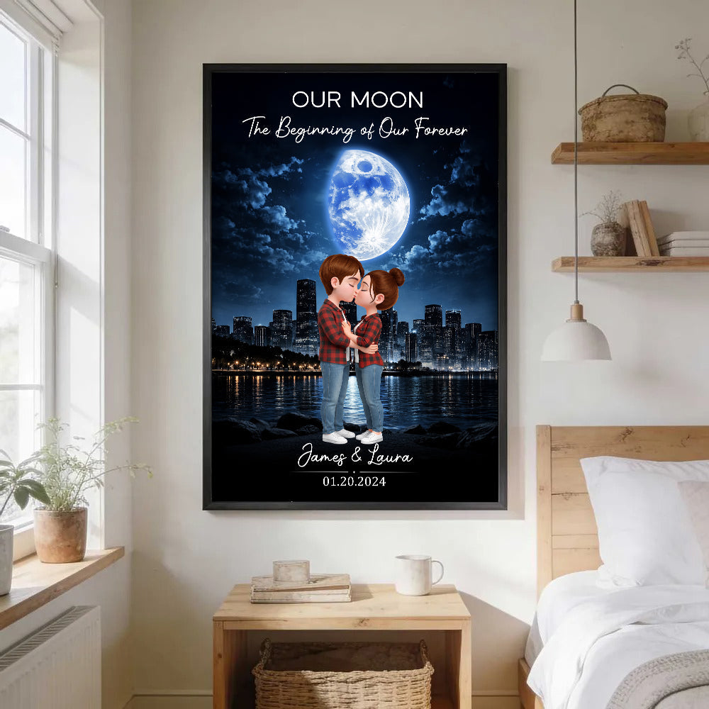 Couple Kissing Under the Moon Light City Skyline, Custom Moon Phase by Date - Personalized Poster - Sentimental Valentine's Day Gift for Her, for Him