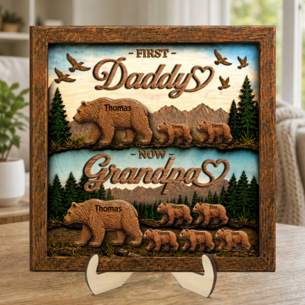 First Dad Now Grandpa Bear with Kids Name - Personalized 2-Layered Wooden Plaque