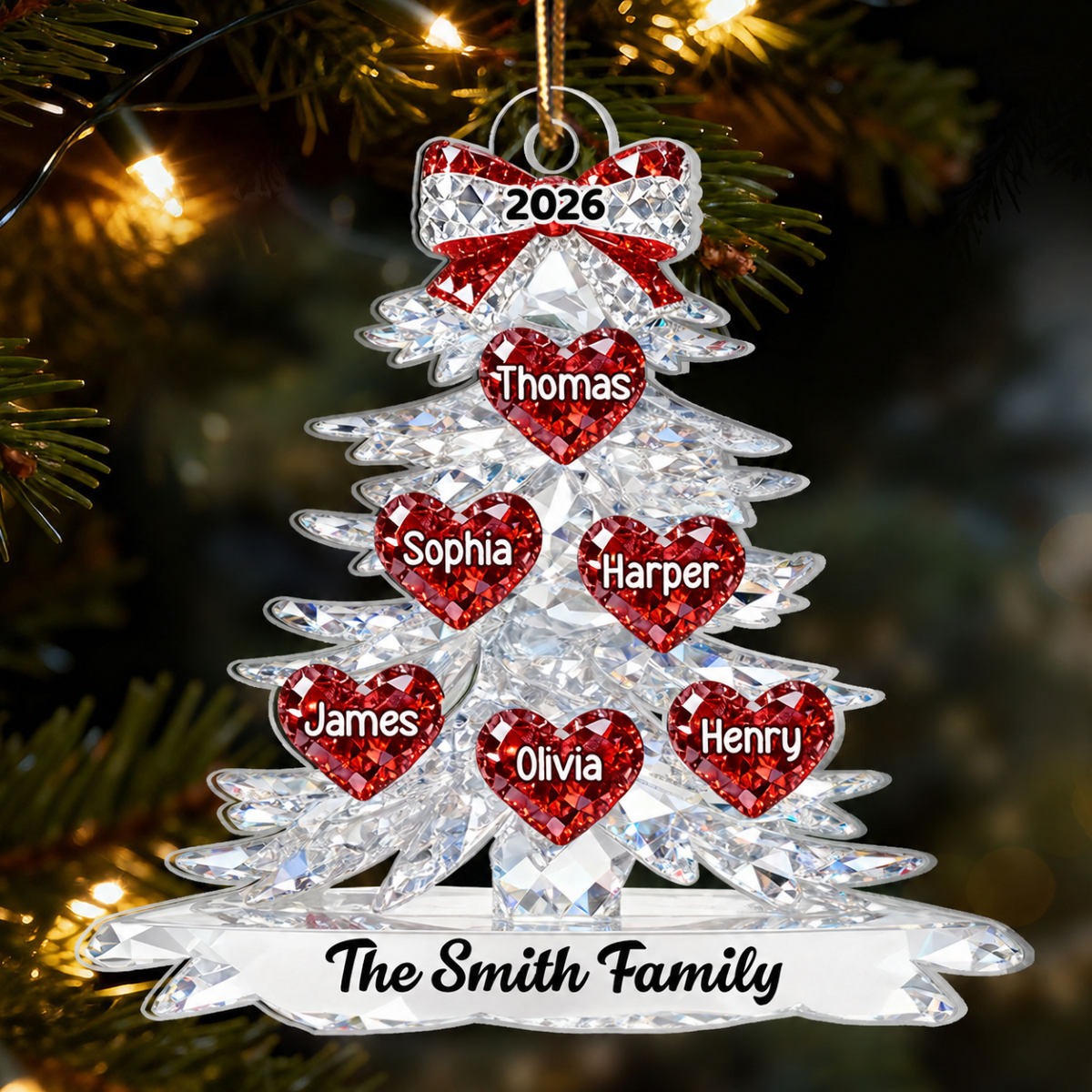 3D Effect Flat Family Christmas Tree Hearts Names - Personalized Acrylic Ornament - Gift For Family
