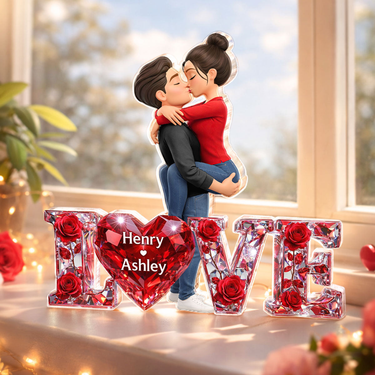 3D Shiny Rose Love Kissing Couple - Personalized Acrylic Block Plaque - Heartfelt Valentine's Day Gift For Him, Gift For Her