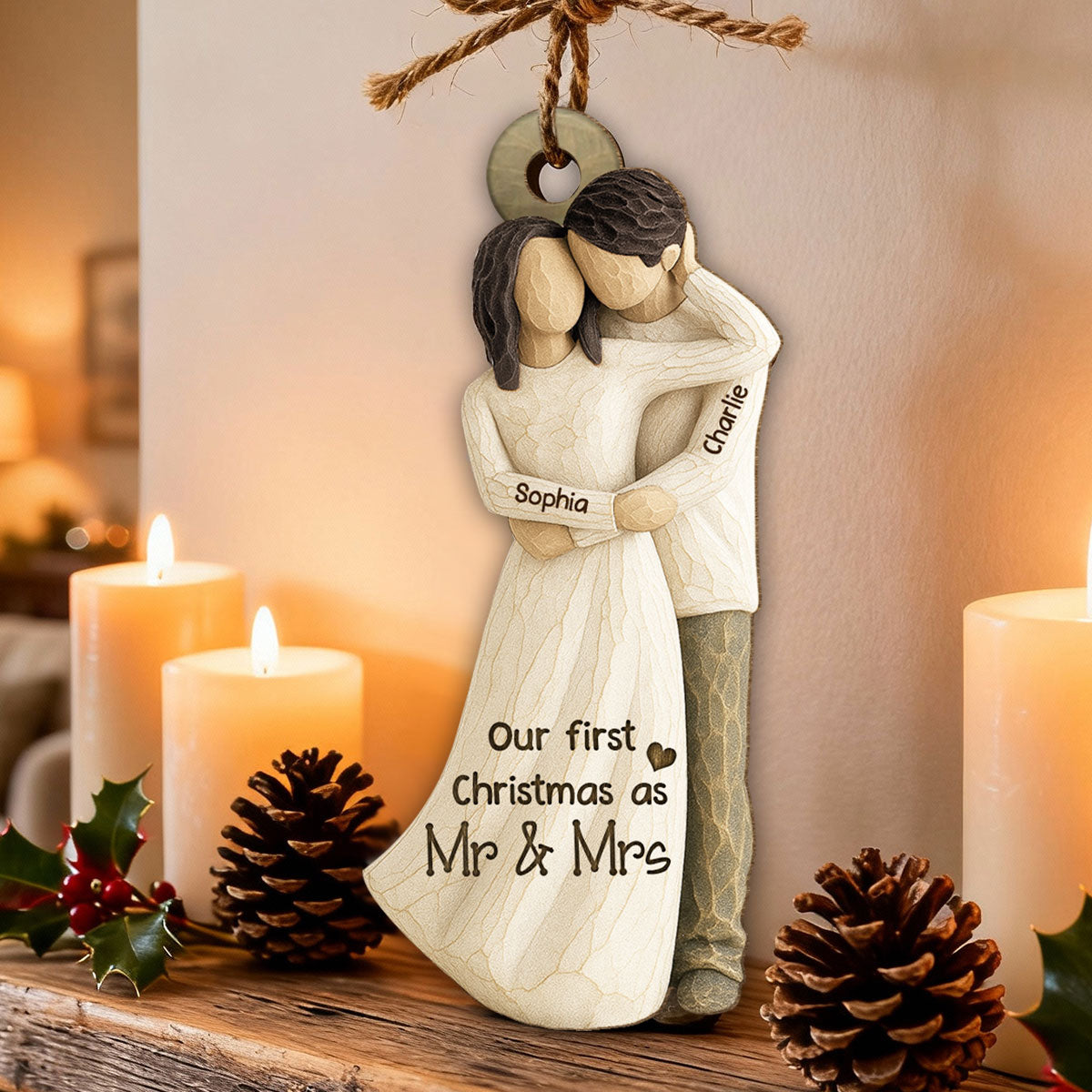 3D Effect First Christmas As Mr. & Mrs. - Personalized Wooden Ornament - Newlyweds Couple Gift