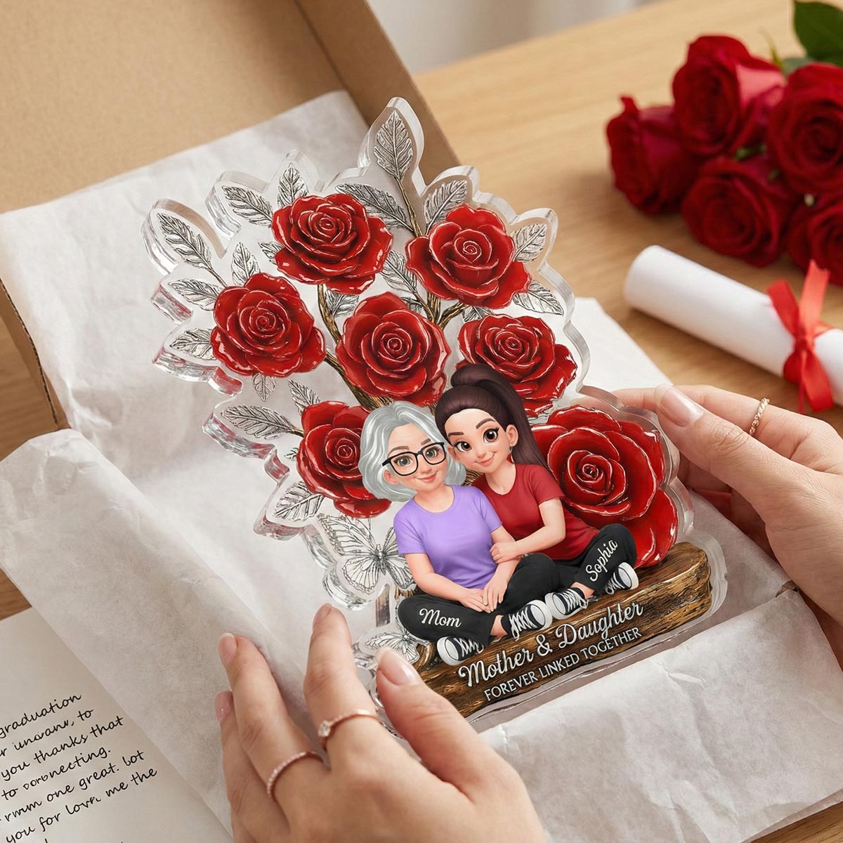 Mom And Daughter Forever Love Rose Tree - Personalized Acrylic Block Plaque - Gift For Mom