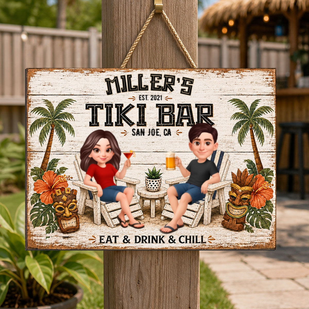 Custom Couple Tiki Bar - Personalized Wooden Sign - Outdoor Home Bar Decor, Eat Drink & Chill Sign, New Home Gift
