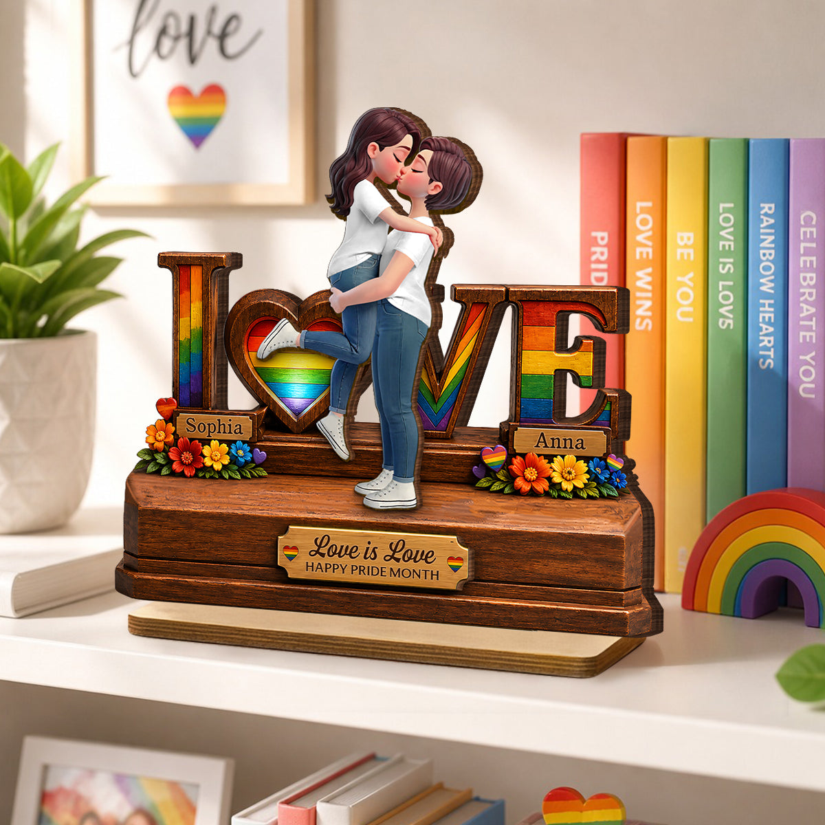 Rose Love LGBT+ Couple - Personalized 2-Layered Wooden Plaque - Gift For Couple, Happy Pride Month