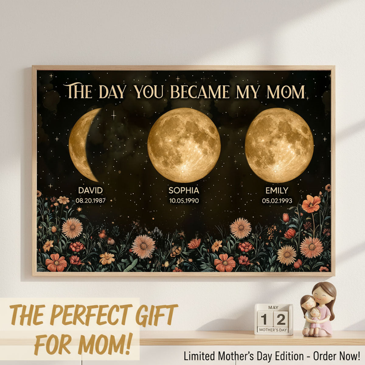 Vintage Flowers The Day You Became Mom Grandma Custom Birth Moon Phase - Personalized Poster, Mother's Day Gift For Mom, Grandma