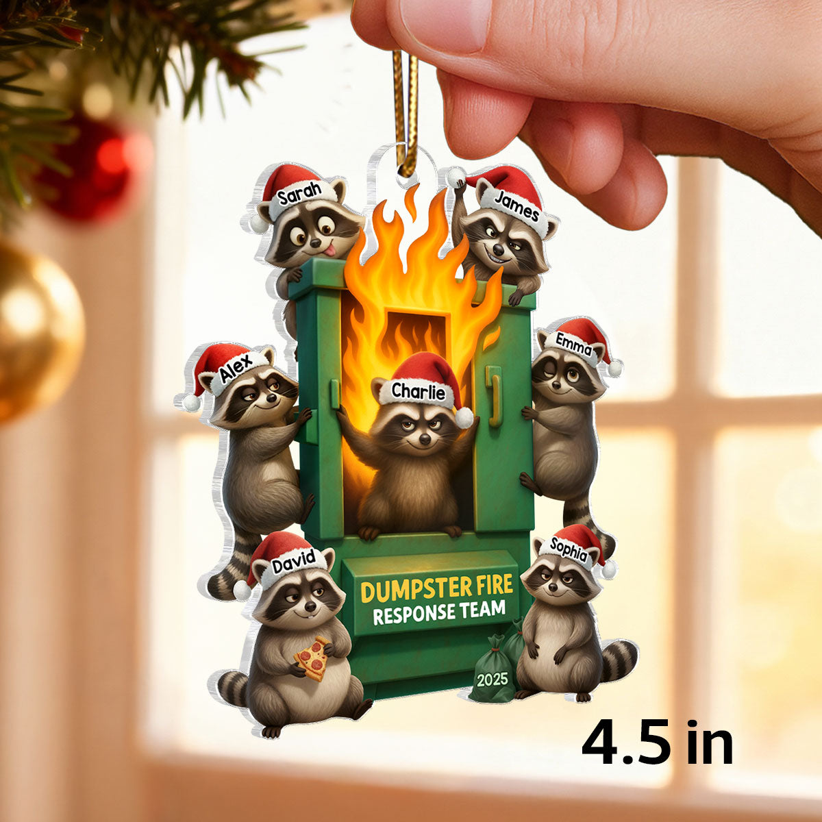 Cunning Raccoon Office Chaos Dumpster Fire Response Team - Personalized Acrylic Ornament - Funny Holiday Gift for Coworkers