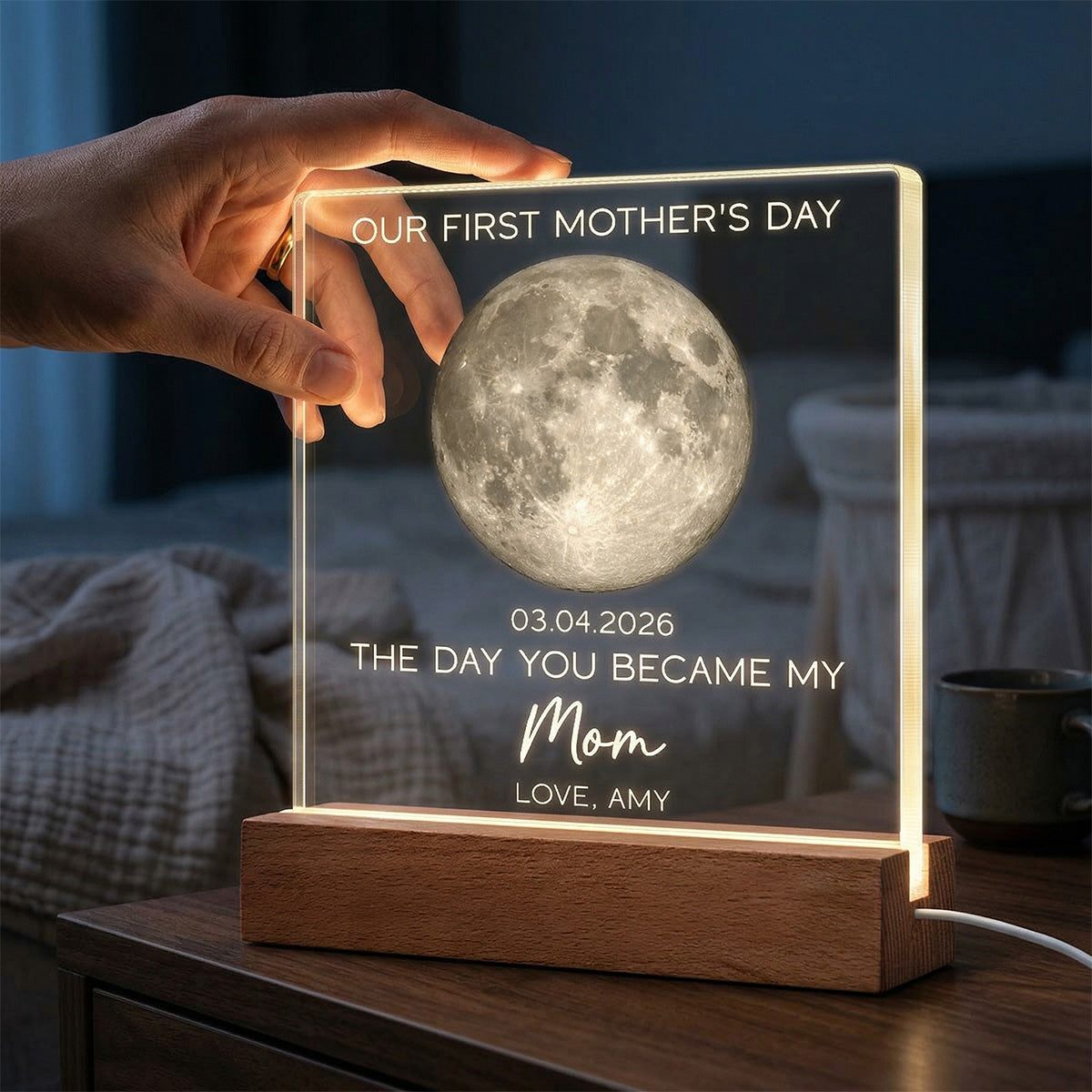 The Day You Became My Mom Custom Moon Phase First Mother's Day - Personalized Acrylic Block Plaque LED Night Light - First Mother's Day Gift For New Mom