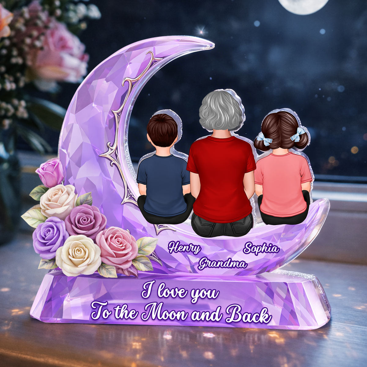 Grandma Grandkids Rose Moon I Love You To The Moon - Personalized Acrylic Block Plaque - Heartfelt Gift For Mom, Grandma
