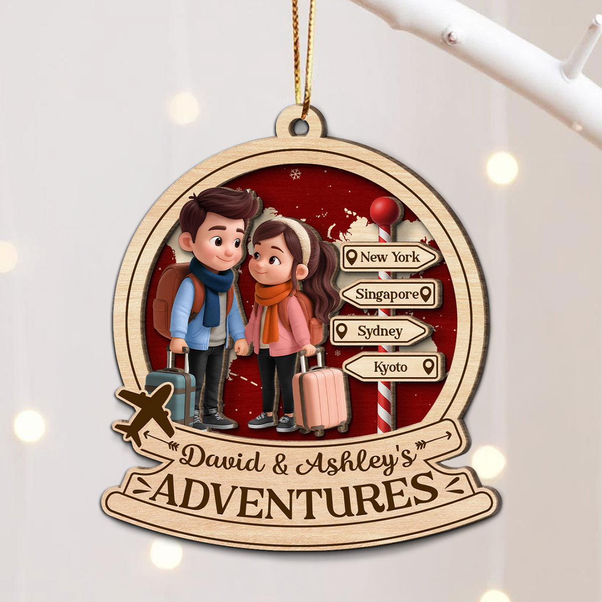 Travel Destination Ornament For Adventure Couple - Personalized Wooden Ornament - Christmas Gift For Him, For Her