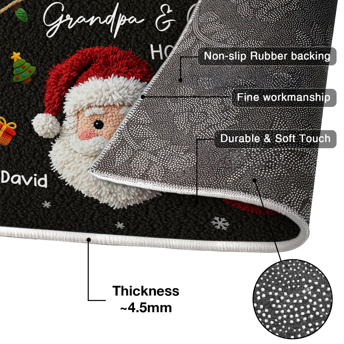 No Place Like Grandma Grandpa Santa Claus - Personalized Doormat - Latch Hook Yarn Faux Christmas Decor, Gift for Grandparents