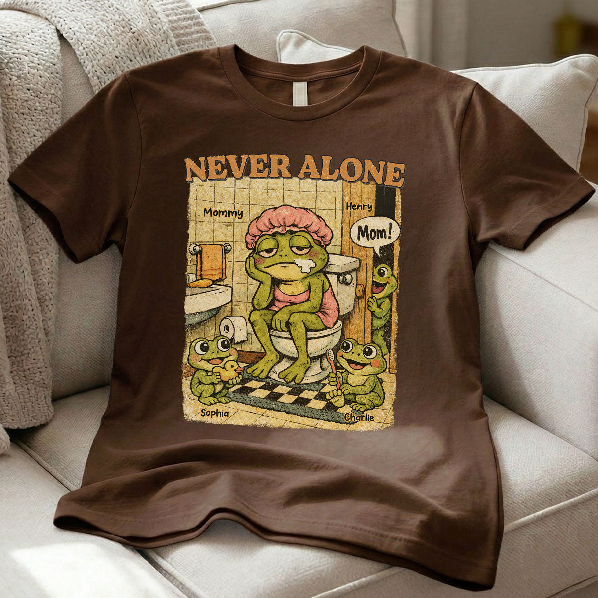 Retro Frog Mom Never Alone - Personalized Shirt - Funny Mother's Day Gift For Mom, Overstimulated, Humor, Snarky Motherhood