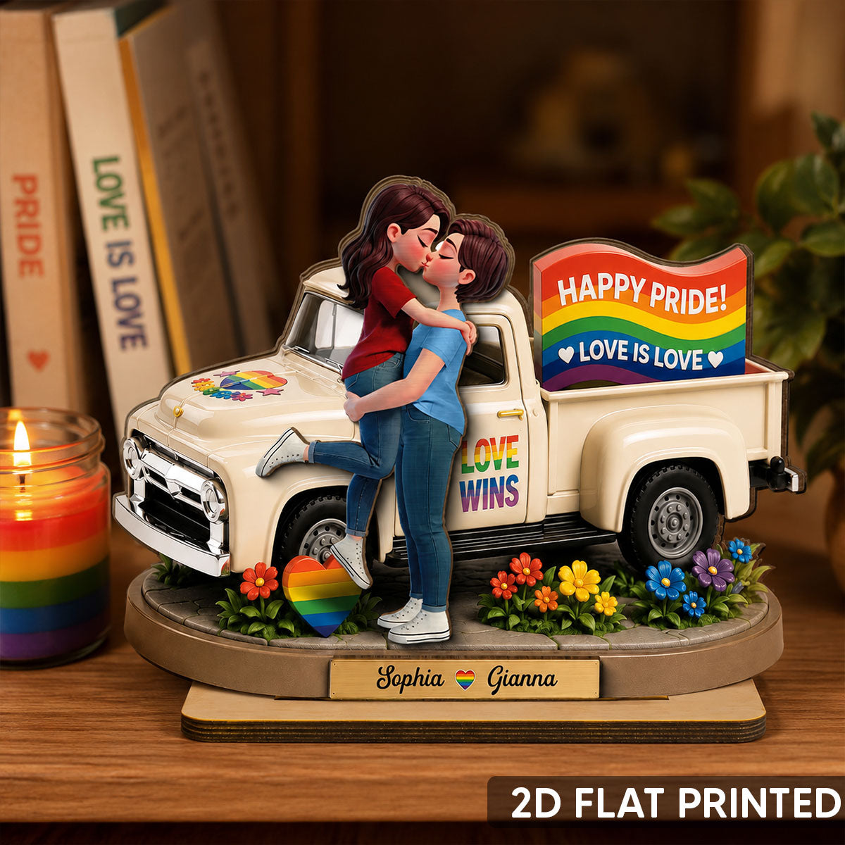 Love Is Love Couple Kissing By Truck 2D Flat - Personalized 2-Layered Wooden Plaque - Pride Month Keepsake