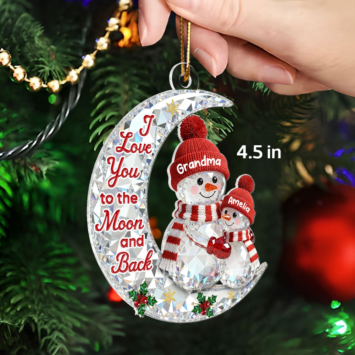 3D Effect Flat Snowman Grandma And Grandkid On Moon - Personalized Acrylic Ornament - Gift For Grandma, Grandkids