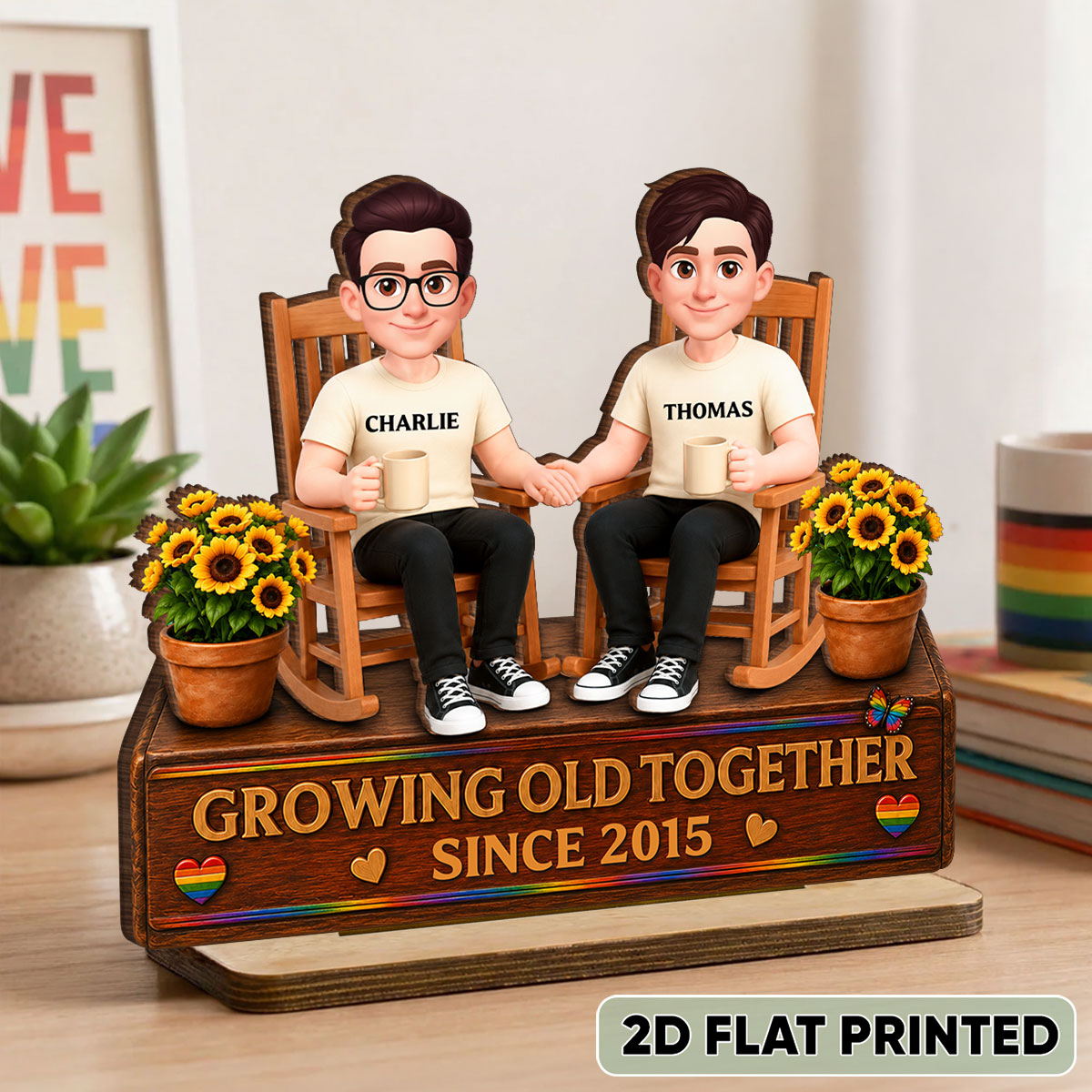 LGBT+ Couple Sitting On Garden - Personalized 2-Layered Wooden Plaque - Gift For Couple, Happy Pride Month