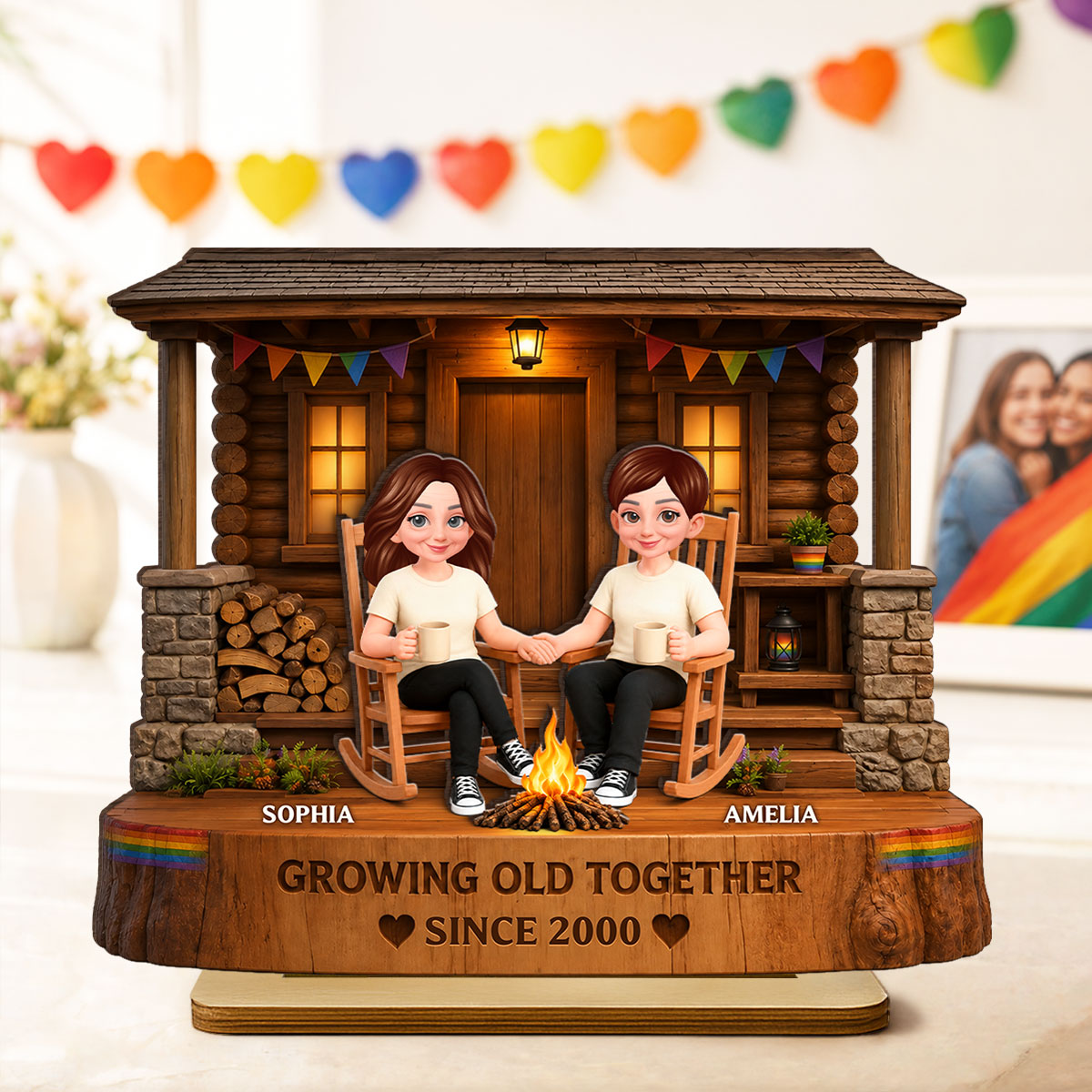 LGBT+ Couple Sitting On Front Porch - Personalized 2-Layered Wooden Plaque - Gift For Couple, Happy Pride Month