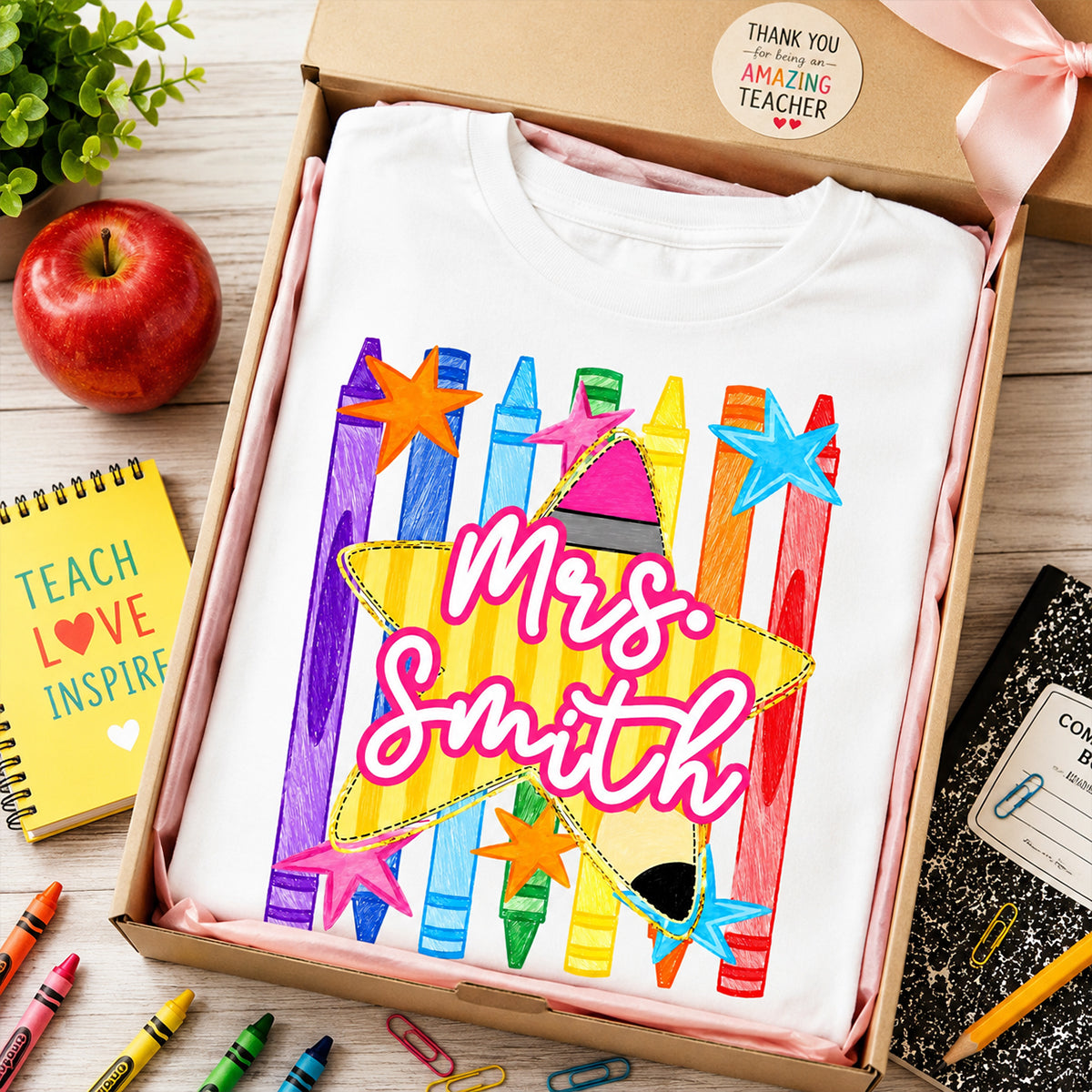 Striped Custom Teacher Name Pencil Crayons - Personalized Shirt - Back To School Gift for Teachers