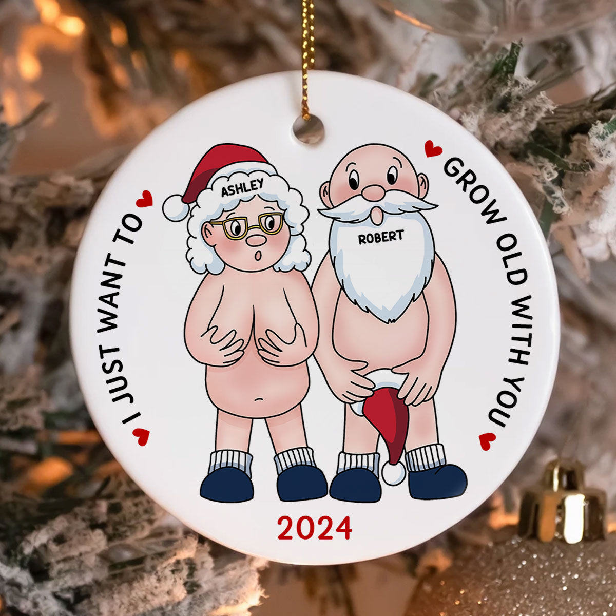 Funny Old Couple Personalized Circle Ceramic Ornament Christmas Gift for Him for Her
