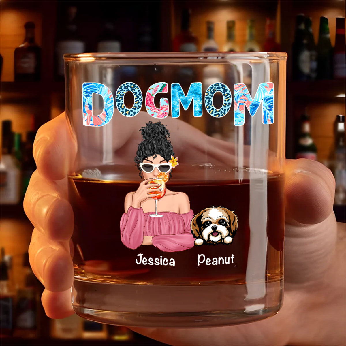 Dog Mom Summer Patterned Personalized Wine Glass, Gift for Dog Moms