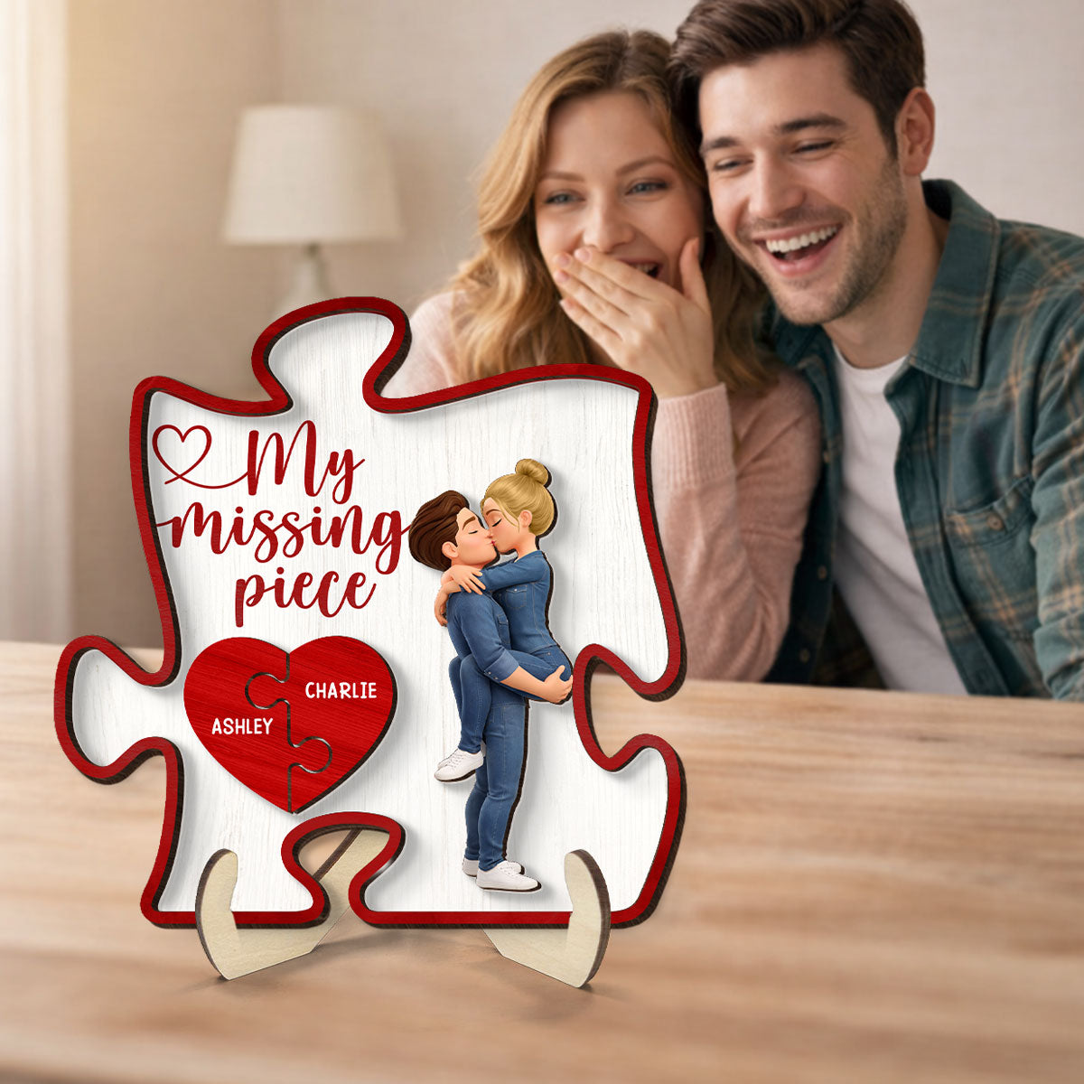 Couple Kissing My Missing Piece Red Puzzle - Personalized 2-Layered Wooden Plaque - Anniversary, Valentine's Day Gift, Gift For Him, Gift For Her